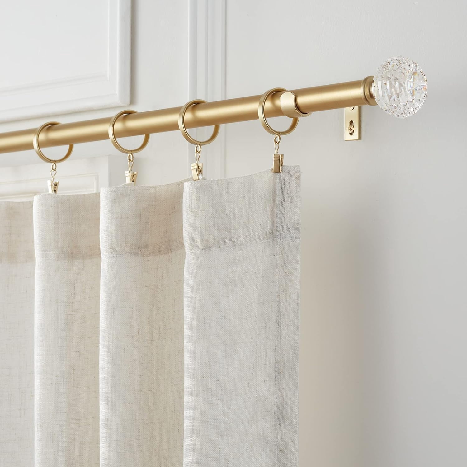 MODE Premium Collection Adjustable Single Curtain Rod Set with Round Cut Crystal Finials, Fits 24” to 60” Windows