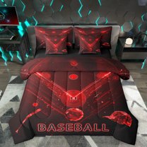 Homewish Baseball Sport 7-Piece Bedding Comforter Set,Kids Ball Game King Bedding Sets,Red 3D Geometric Bed Sheets For Boys Kids,Super Cozy Room Decor Reversible
