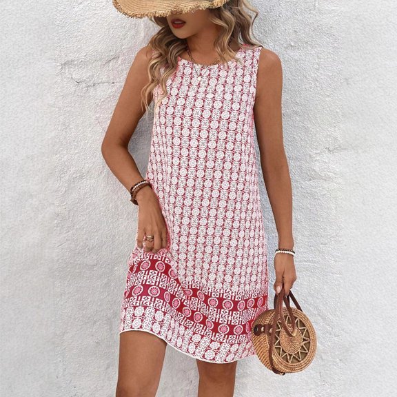 BRGZLK Womens Midi Dresses Summer 2026 Casual Trendy Boho Print Sleeveless A Line Sundresses Crewneck Dress for Going Out Red M