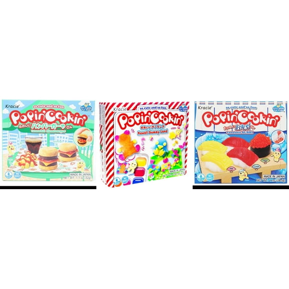3 Pack Kracie Popin Cookin DIY Candy Kit, 3 Mixed Flavor (Hamburger,Kawaii Gummy Land,Sushi) Plus NineChef Brand Long Handle Coffee Spoon