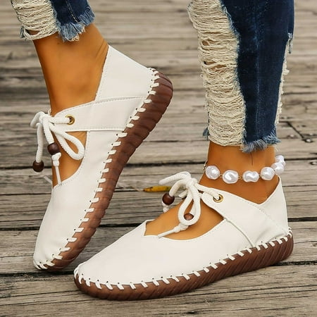 Xysaqa Ballets Flats Shoes for Women  Dress Shoes for Women Women s Large-Size Flat Round Head Lace-Up Single Shoes Soft-Soled Hand-Stitched Breathable Work Shoes Womens Slip on Shoes Savings!