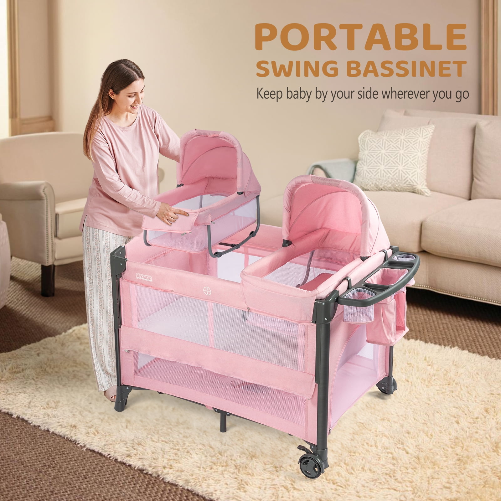 JOYMOR Twin Bassinet for Baby, Double Bassinet for Twins, Pink Bassinet for Girl Infant