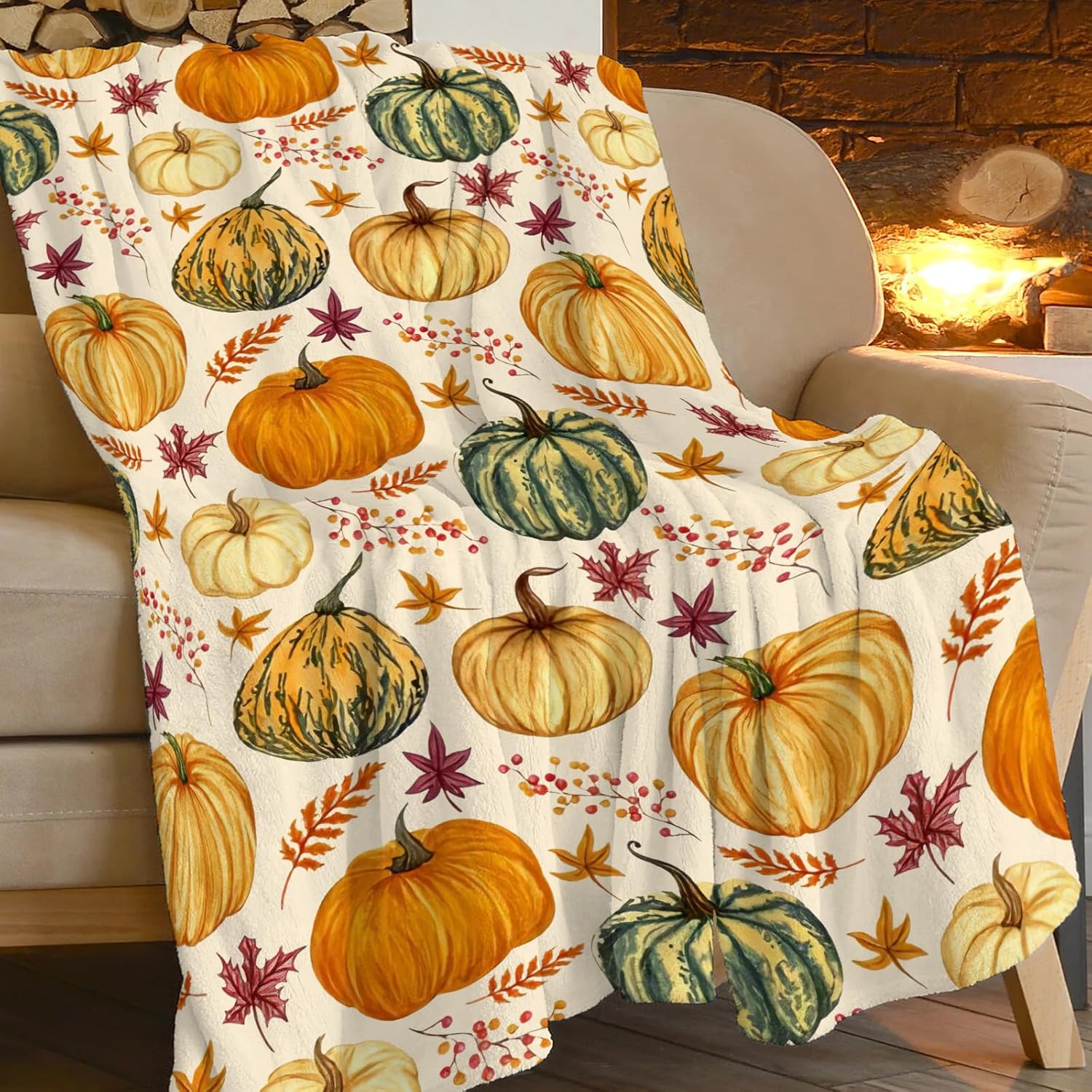 Fall Blanket Ultra Soft Cozy Autumn Pumpkin Maple Leaf Throw Blanket Fleece Fuzzy Plush Bedding Harvest Pumpkin Blanket Thanksgiving Gifts for Bed Kids Adults 50"x40"