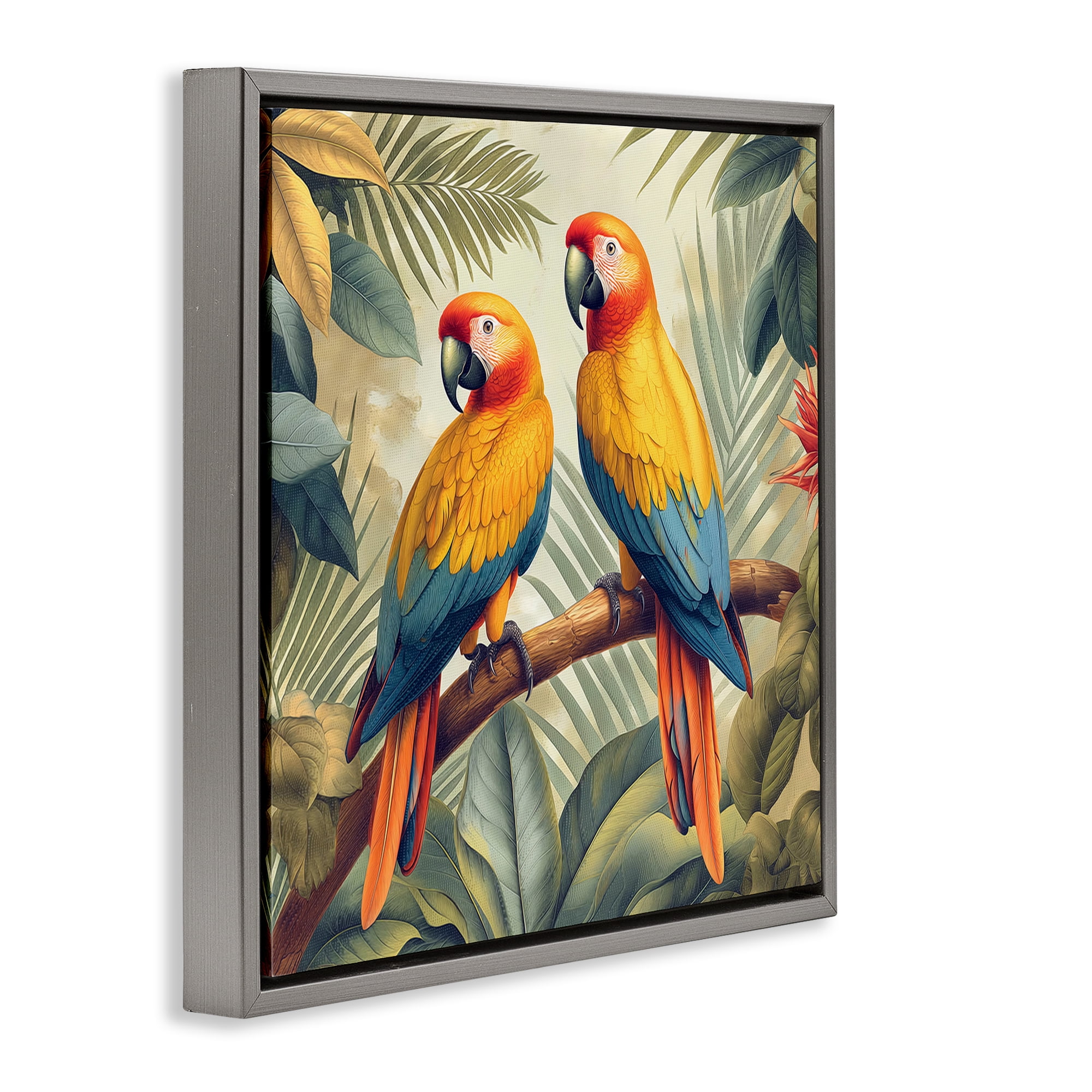Stupell Industries Parrot Duo on Branch Animals Painting Gray Floater Framed Canvas Art Print Wall Art, 25 x 25
