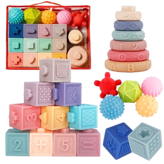 Askmuse 24PCS Montessori Sensory Toys, Baby Blocks Stacking Rings, Soft Teething & Stacking Toy Set for Infants, Multi-Sensory Learning Play, Sensory Balls for Baby Toddler Development, for Ages 6M 