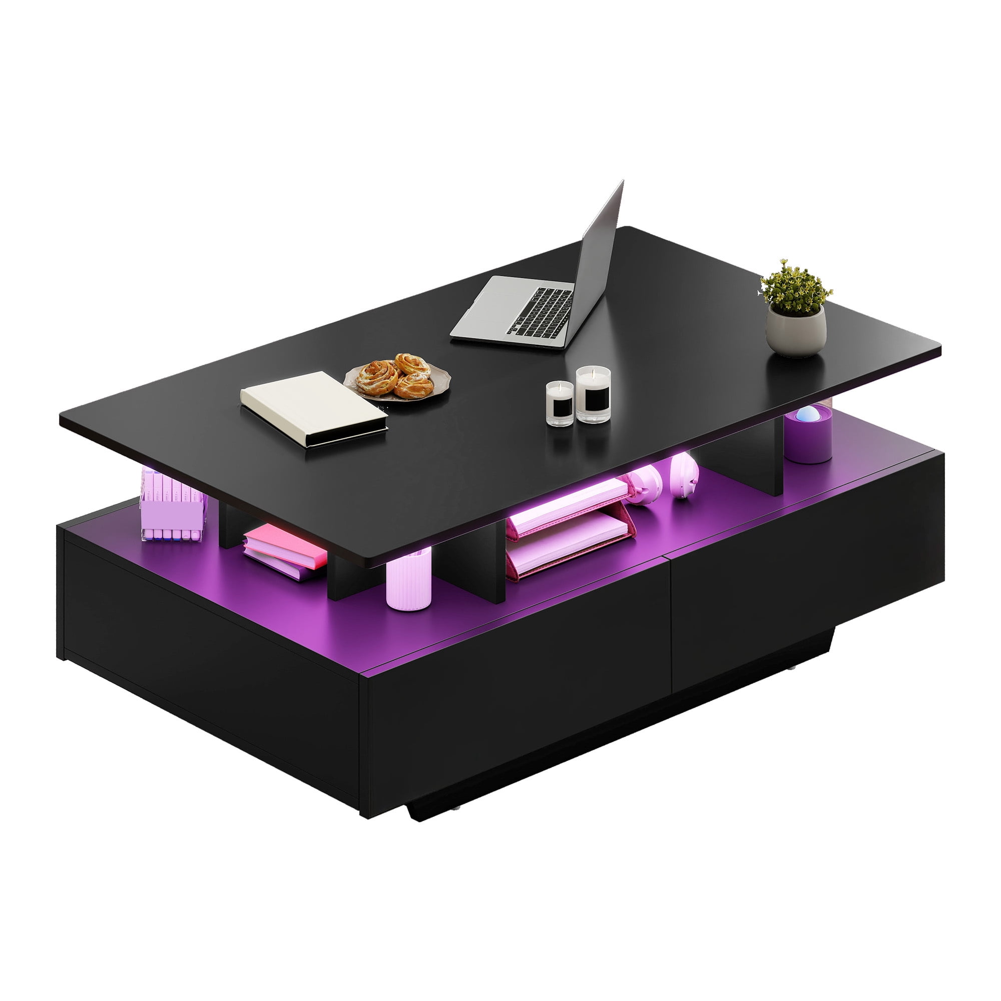 Uforic Modern LED Coffee Table, Center Tables with Storage for Living Room, Black