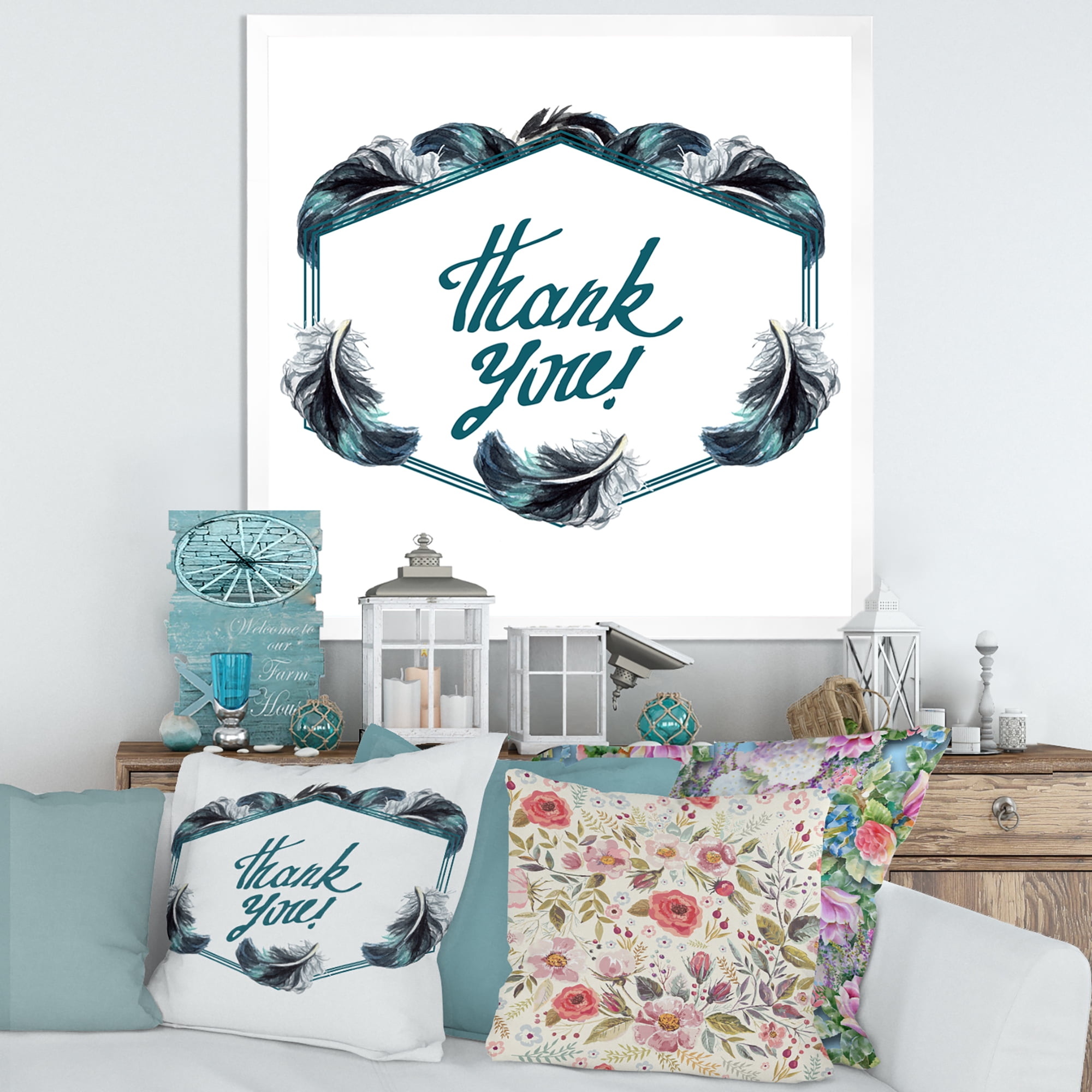 Designart 'Black Boho Art Feathers Thank You' Bohemian & Eclectic Framed Art Print