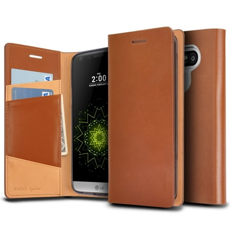 Ringke Signature Case Compatible with LG G5, Genuine Leather Handcrafted Folio Wallet Case with Card Slot - Brown
