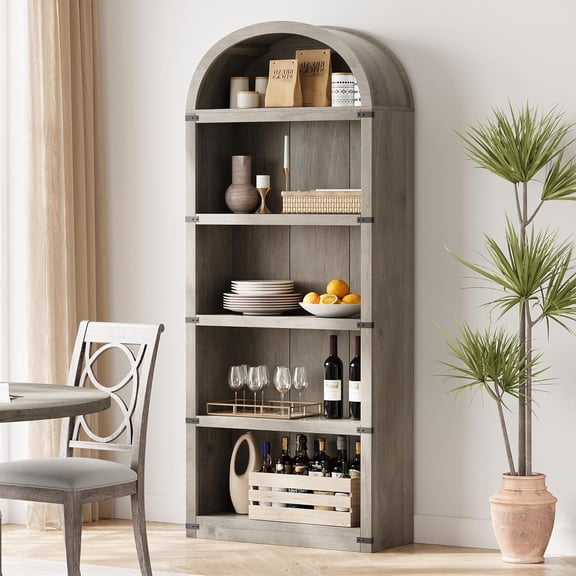 Estantería Arqueada de 5 Repisas de 71" de Alto – Librero de Madera Estilo Farmhouse con Estante de Almacenamiento para Exhibición, Librero Independiente para Oficina en Casa, Sala de Estar, Gris