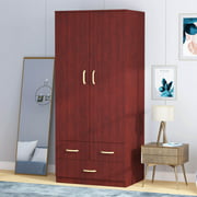 Timechee Tall Storage Cabinet, Wooden Wardrobe with Clothes Rail, 2 Doors & 3 Drawers - Wardrobe Chest, Large Storage Space Organizer, 31.5" W x 21.7" D x 70.9" H, Mahogany