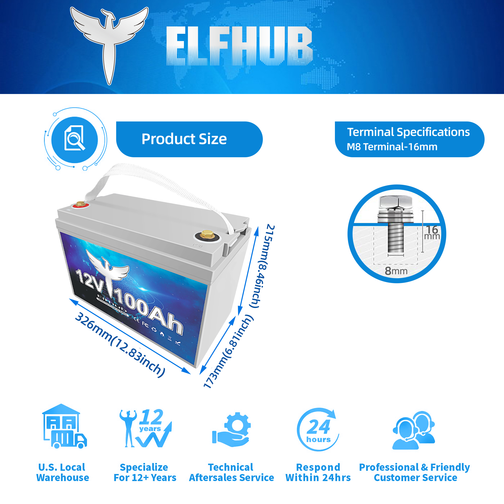 Elfhub 12V 100Ah Bluetooth LiFePO4 Lithium Battery, 100A BMS,Low temperature protection with Up to 8000 Cycles, Max. 1280Wh Energy LiFePO4 Battery, Perfect for RV, Solar, Trolling Motor,Off-Grid, Boat
