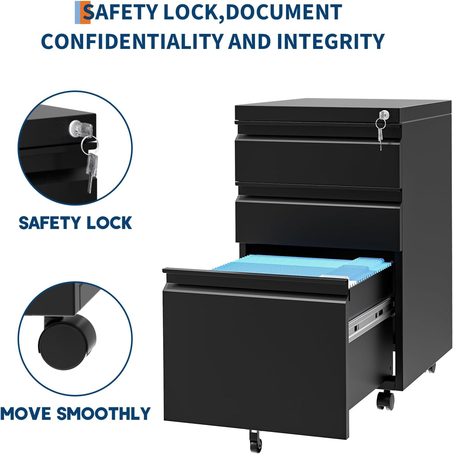 24 Inch 3 Drawer Mobile File Cabinet - Office Lateral Filing Cabinet with Lock/2 Keys, Under Desk Metal File Cabinet with Adjustable Shelf for Legal Letter A4 Files, Easy Assembly, Black
