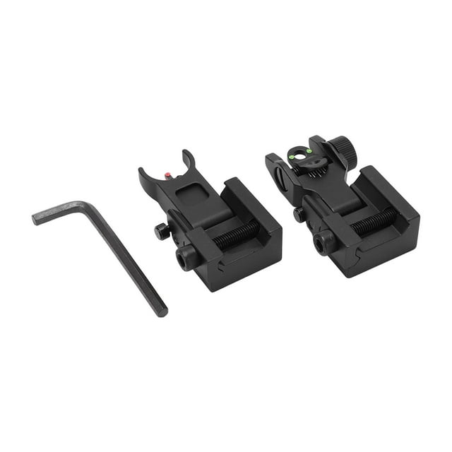 mira plegable, plegable mecánico, abatible hacia arriba, accesorio de disparo con mira mecánica plegable, artesanía excepcional Dos miras mecánicas plegables de aleación de aluminio color como se muestra en la imagen sobre fondo blanco con llave Allen; bases de montaje tipo riel con tornillos de apriete visibles, rueda de ajuste de deriva y puntas con inserciones de fibra óptica verde y roja. A menudo usadas para tiro deportivo y montajes rápidos en campo.