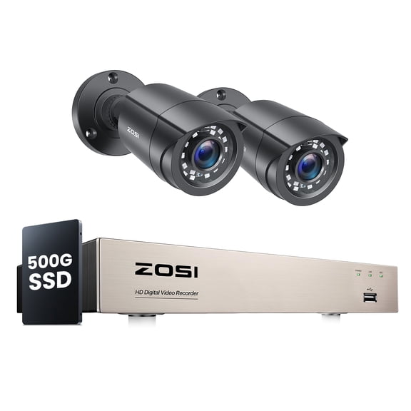 ZOSI 3K Lite Security Camera System Indoor Outdoor,AI Human/Vehicle Detection,Night Vision,Remote Access,2pcs 1080P 1920TVL Weatherproof Surveillance Cameras,H.265 8CH CCTV DVR(500GB SSD)