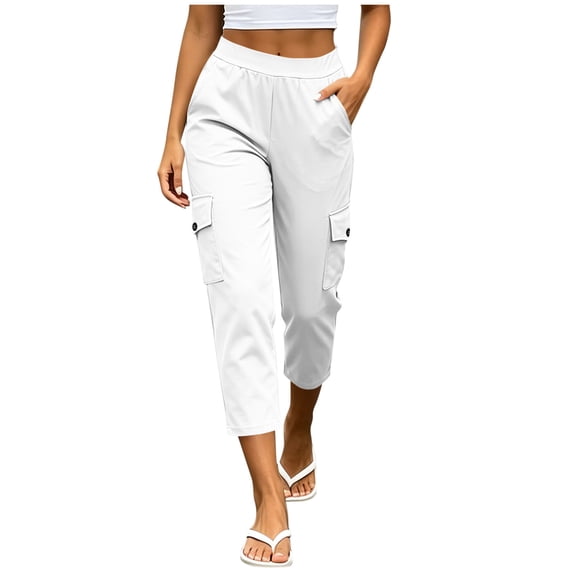 Lenpel Capri Cargo Pants for Women High Waist Tapered Cropped Trousers Summer Casual Loose Pull on Capris