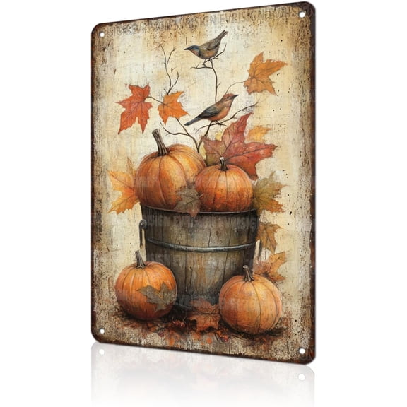 Autumn Harvest Metal Wall Sign Vintage Pumpkin and Birds Rustic Farmhouse Decor for Home Cafe Garden Indoor Outdoor 8 x 12 Inch Tin Plaque