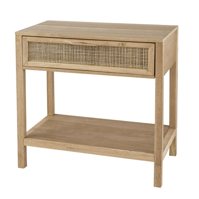 Tia 22 Inch Accent Side Table, Pine, Woven Rattan, 1 Drawer, Natural Brown