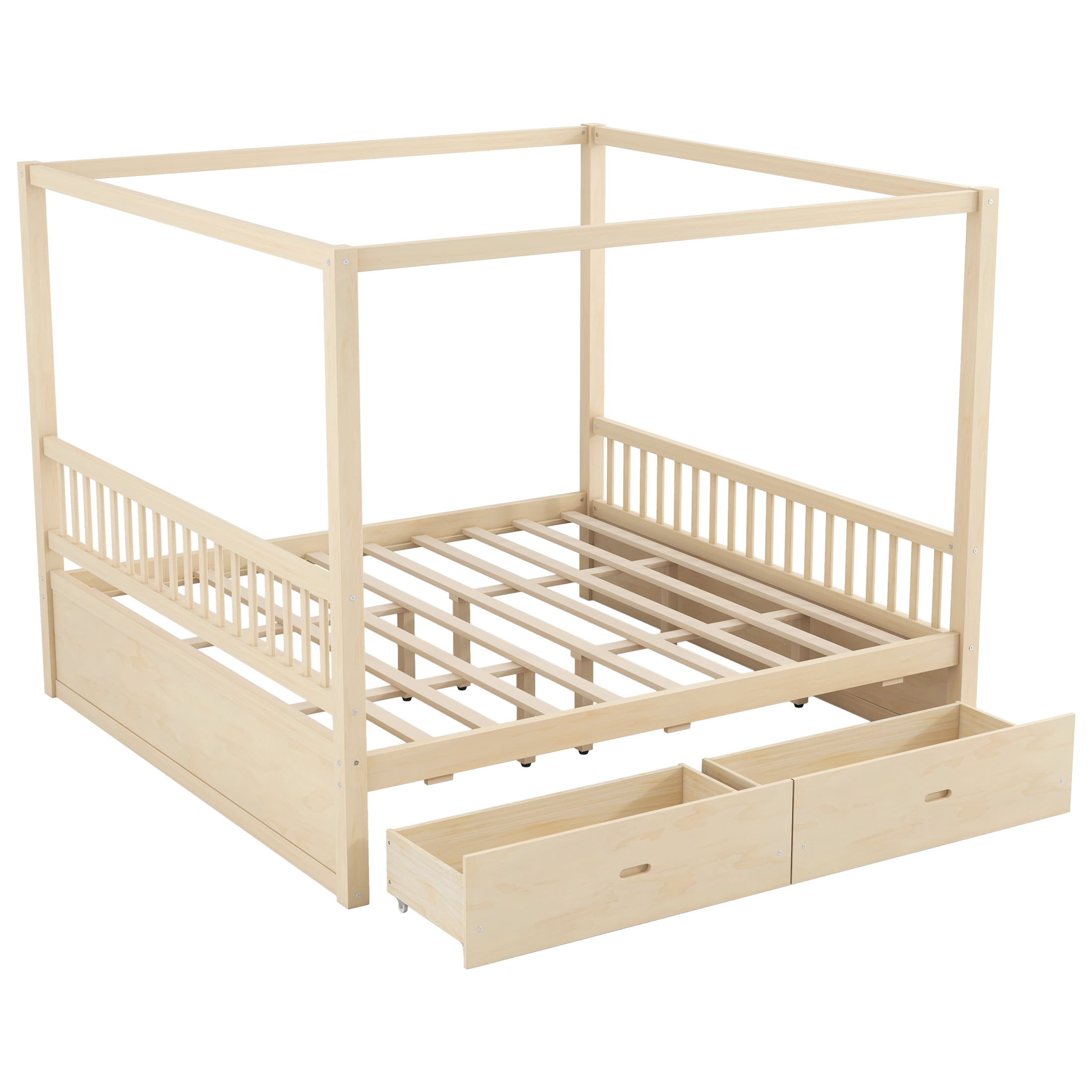 Noble House Stefan King Size Wooden Canopy Bed Frame with Storage Drawers, Farmhouse Decor Style, Natural