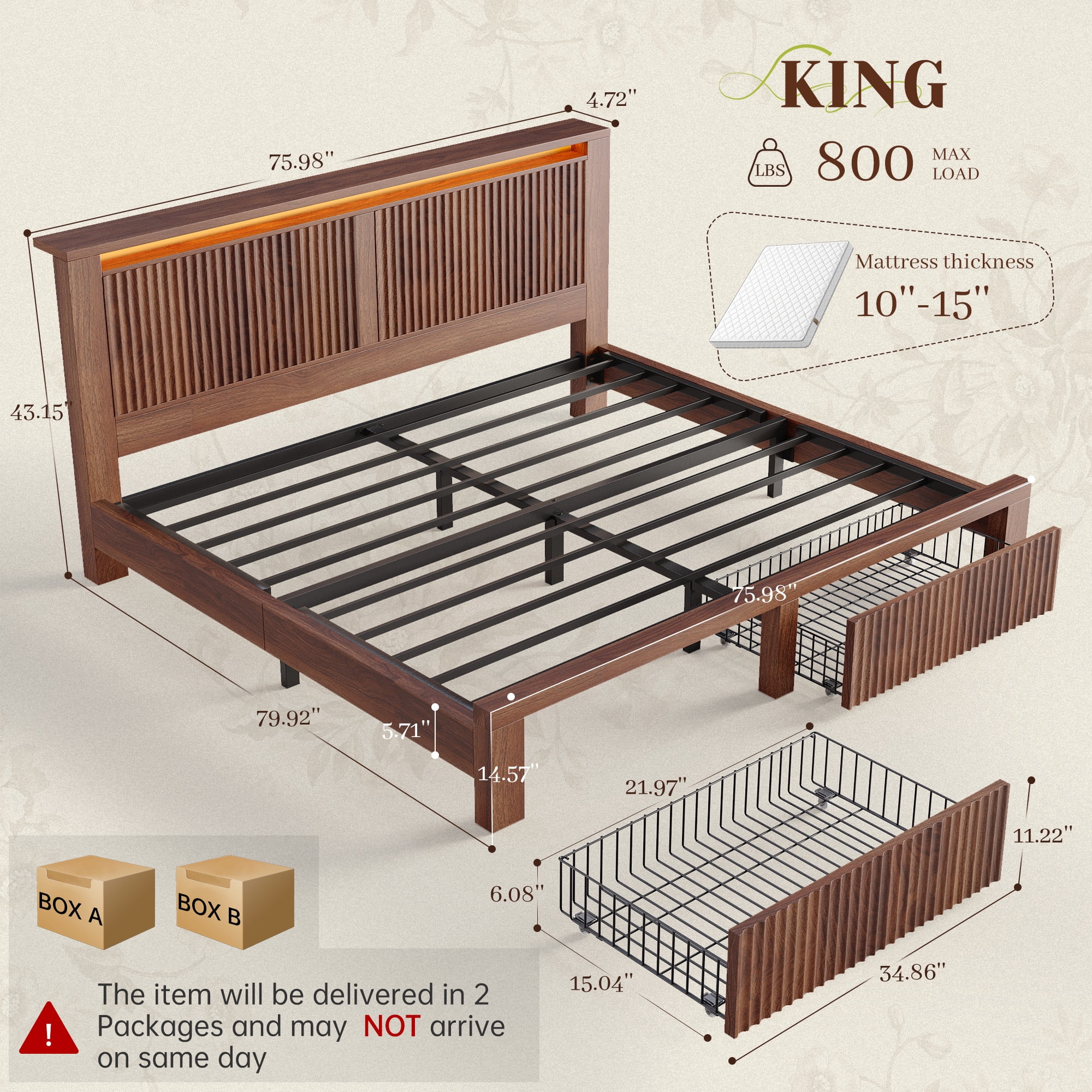 EnHomee Wood Bed Frame King with Headboard Bed Frame with Storage Shelf and Drawers Farmhouse Bed Frame with 2 Drawers & Charge Station & LED Light, Walnut
