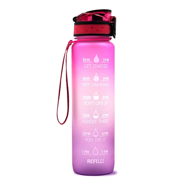 Botella de agua deportiva de 1L con marcador de tiempo y citas motivacionales, ideal para mantenerte hidratado durante el día. Diseño en tono degradado rosa, perfecto para entrenamientos, yoga,