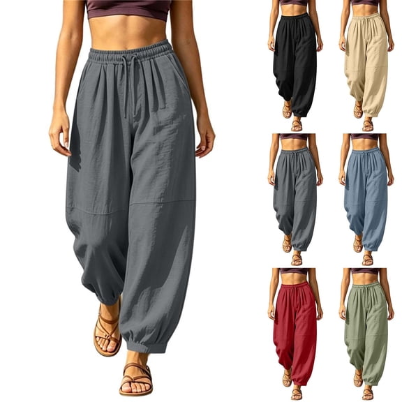 Smsaxvxz Cotton Line Pants for Women Fashion Casual Elastic Waist Comfortable Baggy Jogger Trousers Gray L