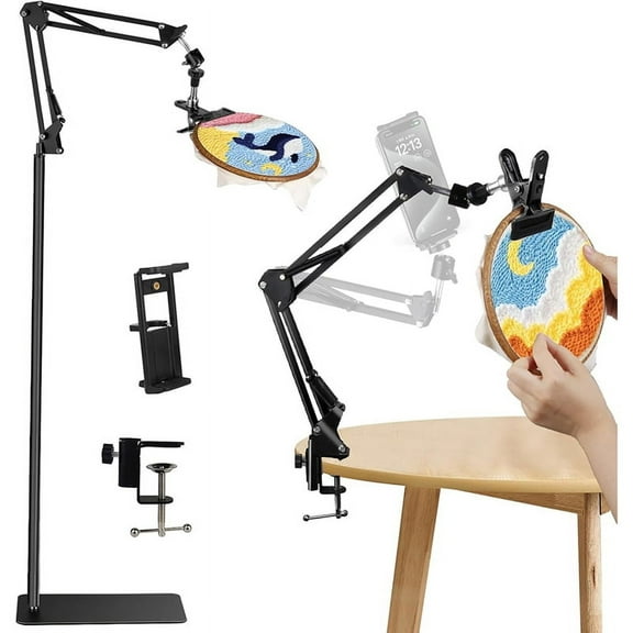 Black Adjustable Embroidery Hoop Stand, 3-in-1 Hoop/Tablet/Phone Holder Floor 360° Rotatable