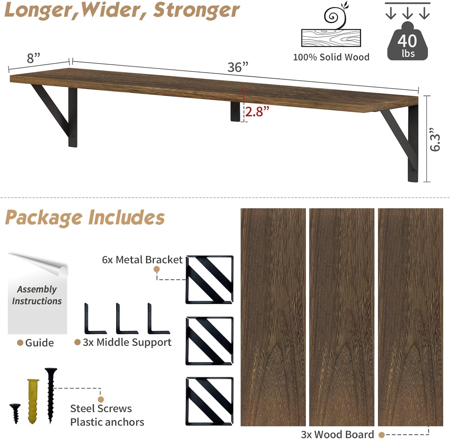 Floating Book Shelves for Wall Set of 3, 36 Inches Long Wall Bookshelf for Bedroom, Large Wood Heavy Duty Hanging Bookshelves for Books, Living Room Decor, Closet Storage (Rustic Brown)