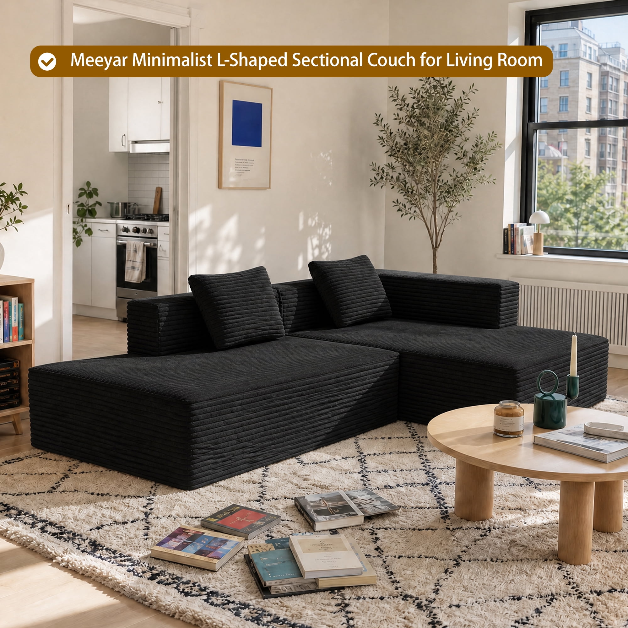 Meeyar 91" Boneless Modular Sectional Sofa with L Shaped Chaise, Cloud Couch for Living Room, Carbon Black