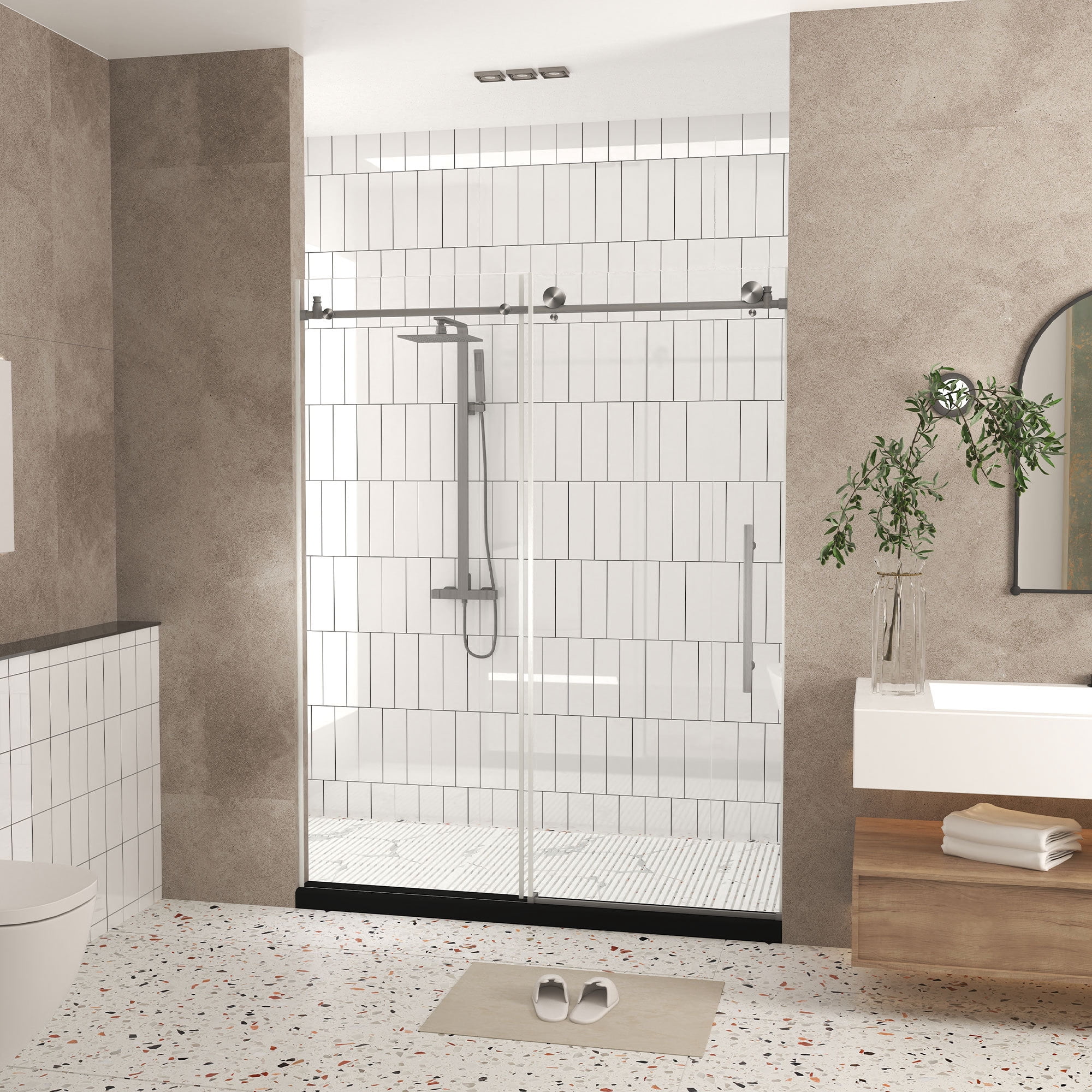 Leumius Frameless Sliding Shower Door,56-60"W x 76" H,1/4" Clear Tempered Glass,Stainless Steel Handle,Brushed Nickel