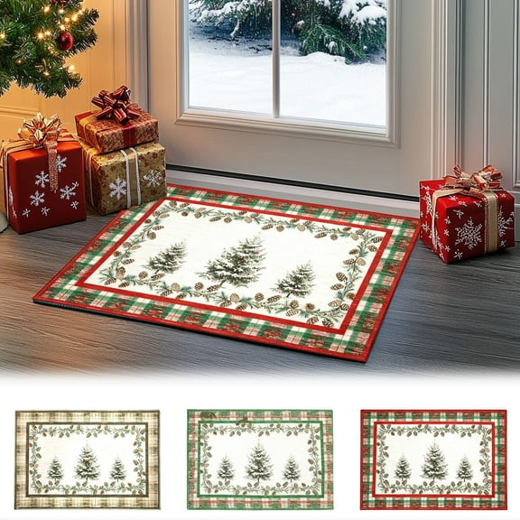Yhmxh Christmas Checkered Area Rug Non Slip Washable Front Door Rug for Entryway, Indoor Kitchen Rugs with Christmas Tree Print Low-Pile Small Door Mat Brown Holiday Decor for Bedroom 16X24 Inch