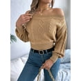 thumbnail image 4 of Womens Off the Shoulder Sweater Solid Cable Knitted Pullover Jumper Top Casual Long Sleeve Cropped Sweaters Khaki S, 4 of 8