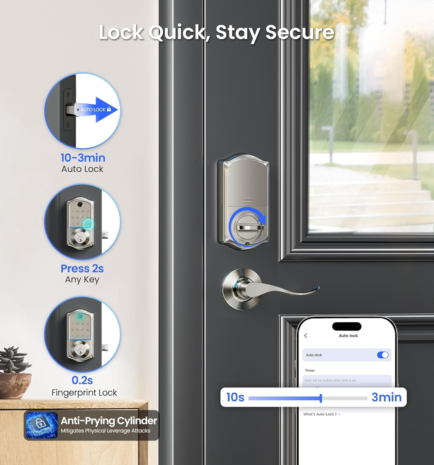 Veise Fingerprint Smart Lock with 2 Lever Handles, Keyless Entry Front Door Lock Set, App Control, Electronic Digital Keypad Deadbolt, Satin Nickel