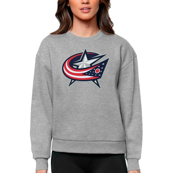 Women's Antigua Heather Gray Columbus Blue Jackets Primary Logo Team Logo Victory Crewneck Pullover Sweatshirt