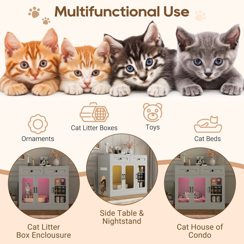 Mirightone Large Hidden Cat Litter Box Furniture&nbsp;with Storage Drawer & Glass Door, Cat Litter Box Enclosure with LED Light, Cat Litter Box Cabinet for Living Room & Entryway, Grey