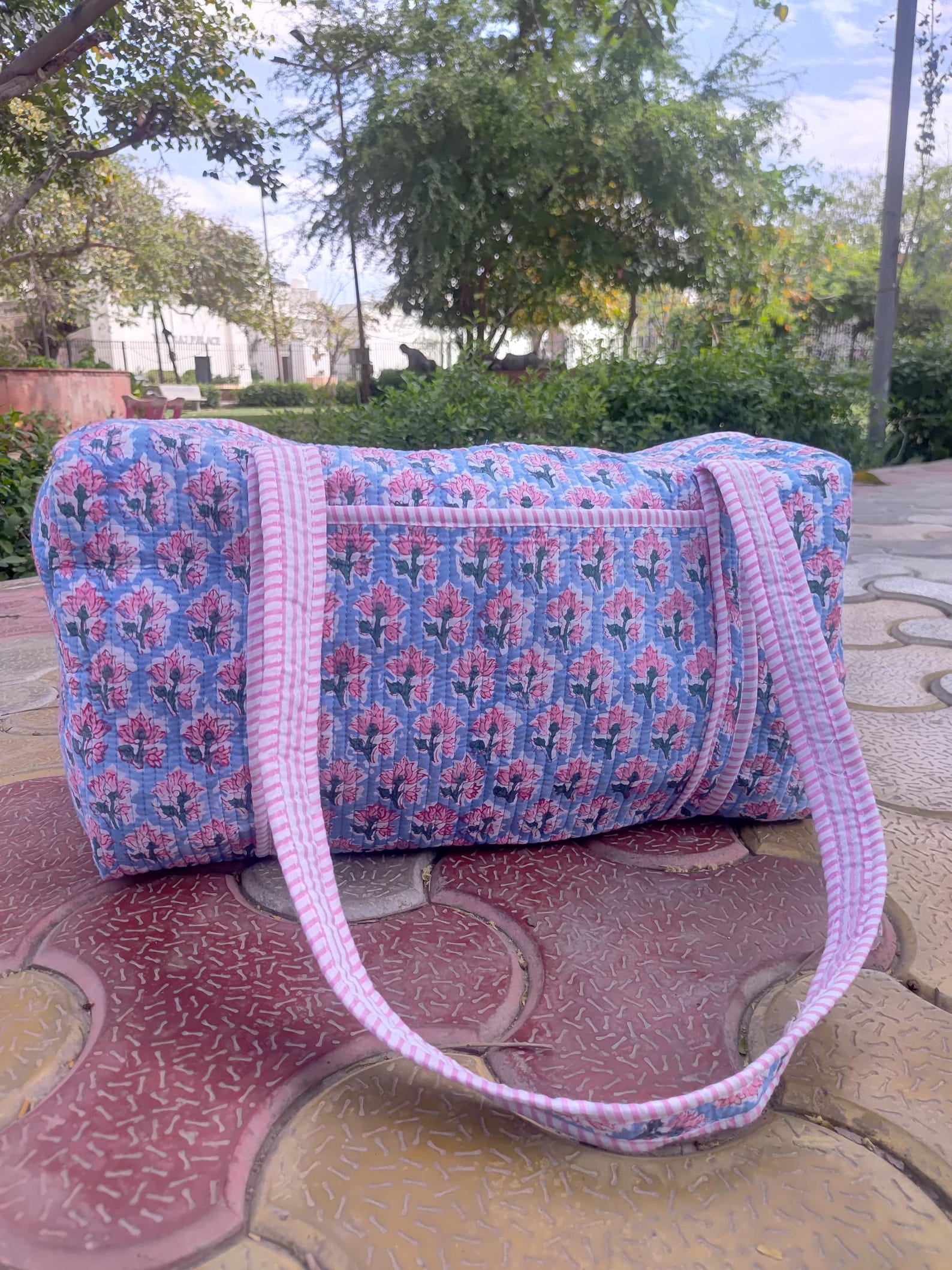 Blue Color Decorative Cotton Quilted Duffle Bags Beautiful Block Print Weekender Bags Handmade Floral Print Shoulder Travel Overnight Bags