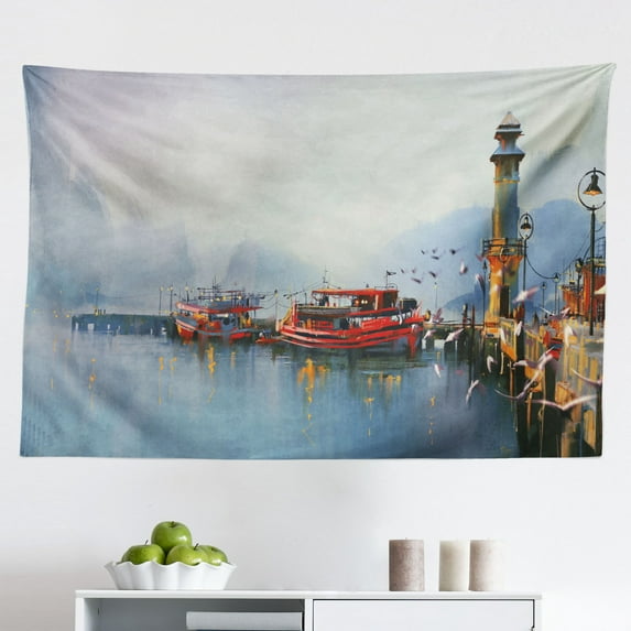 Country Tapestry, Summer Rural Landscape with Wheat and Small Country Houses in Valley Art, Fabric Wall Hanging Decor for Bedroom Living Room Dorm, 2 Sizes, Green White Blue, by Ambesonne