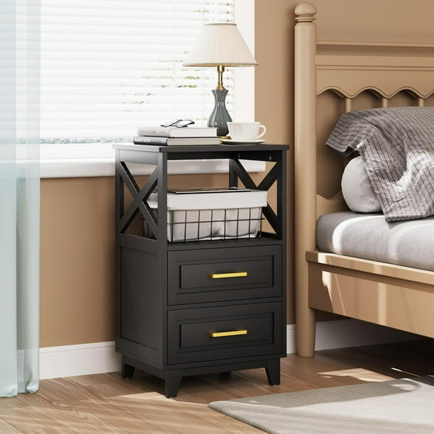 CozyHome Tall Nightstand Set of 2 Side Table with 2 Drawers and Open Shelf Below Bedside Table with Solid Feet Modern Night Stand End Table for