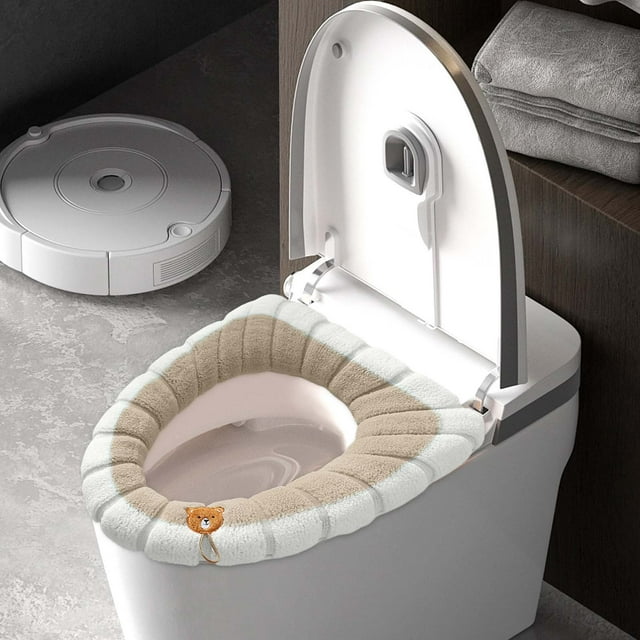 Fiudx Funda para Asiento de Inodoro, Almohadilla Cálida de Punto Grueso, Diseño Elástico de Dos Tonos, Cómoda para Usar En Invierno, Fácil Instalación y Limpieza, Esencial para El Baño Del Hogar.