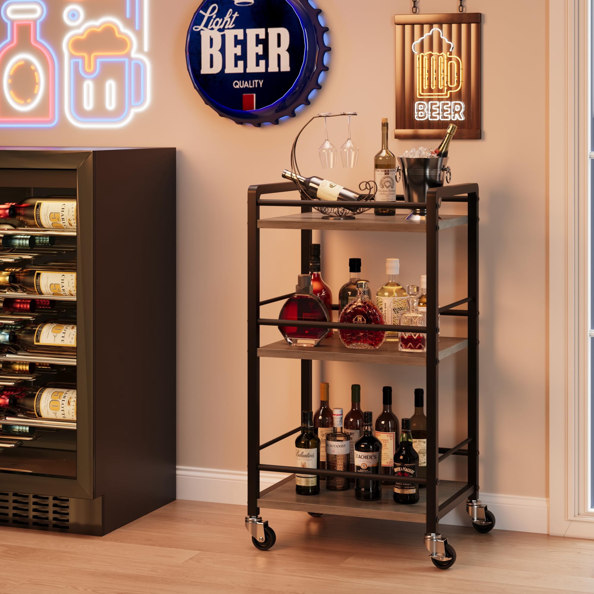 3 Tier Bar Cart for Home,Home Bar Serving Carts,Rolling Mini Liquor Bar for Wine Beverage Dinner Party,Utility Kitchen Storage Island Cart on Wheels,Coffee Bar Cabinet for Kitchen Dining Living Room