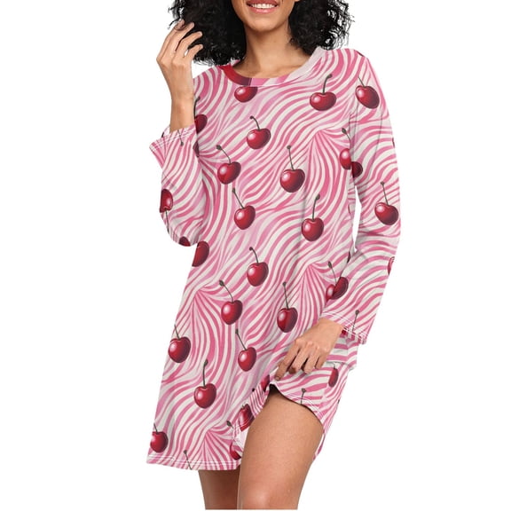 joogoo Cherry on Wave Women's Long Sleeve Nightgown Sleepwear L