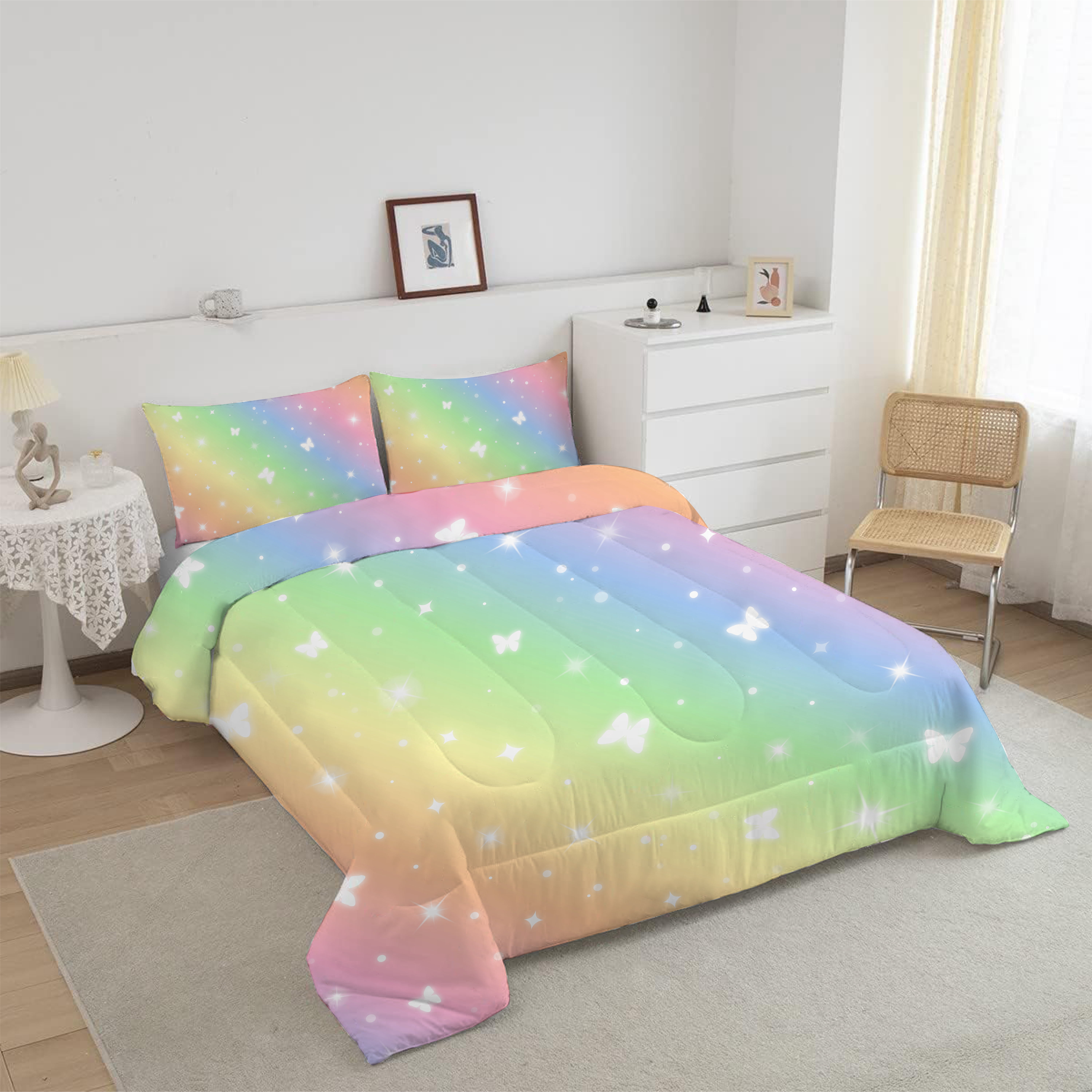 Psoiuetr Gradient Butterfly Glitter Bedding Set for Kids Girls Teens Twin Size Galaxy Rainbow Comforter Set Pink 3Pcs