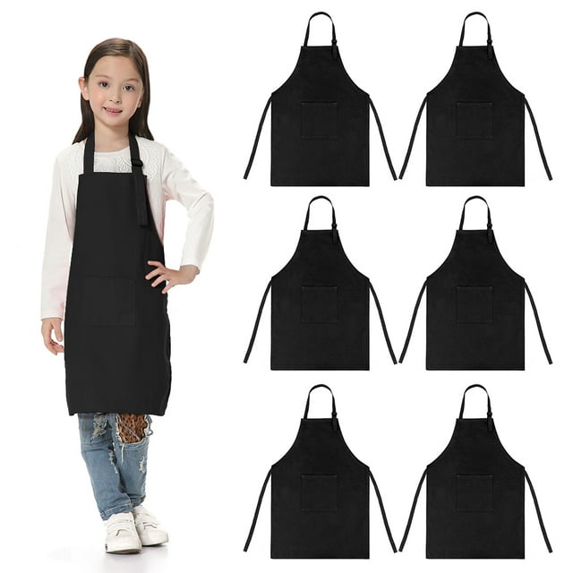TOPTIE 6 Pack Kids Aprons with Pocket & Adjustable Strap, Child Chef Bib Apron for Kitchen Cooking Baking Painting-Black-M