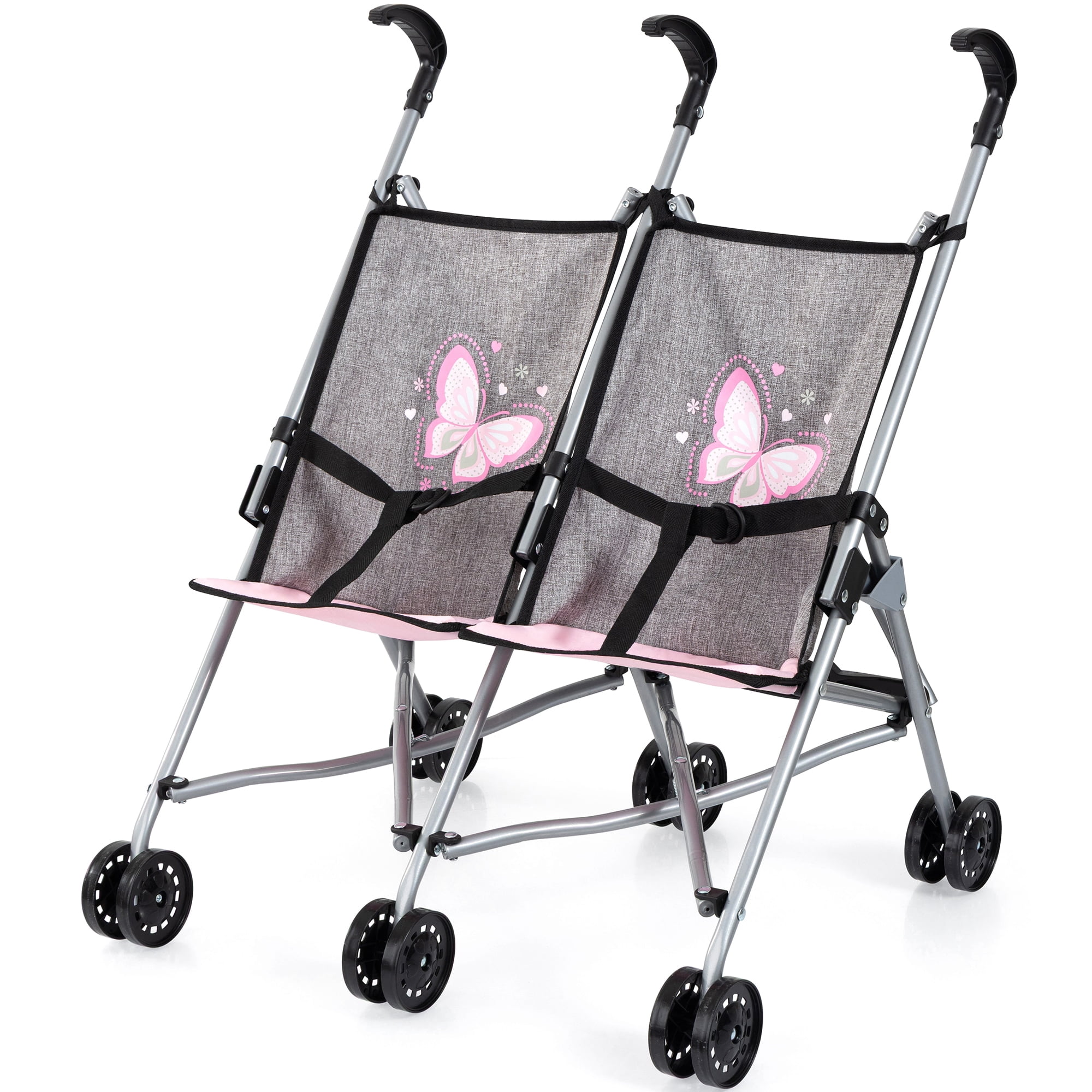 Bayer Design: Doll Twin Buggy - Pink-Grey-Butterfly- Umbrella Push Stroller, Foldable, Side-By-Side Seats, Play Toy Fits 18" Dolls, Kid-Toddler 18mo+