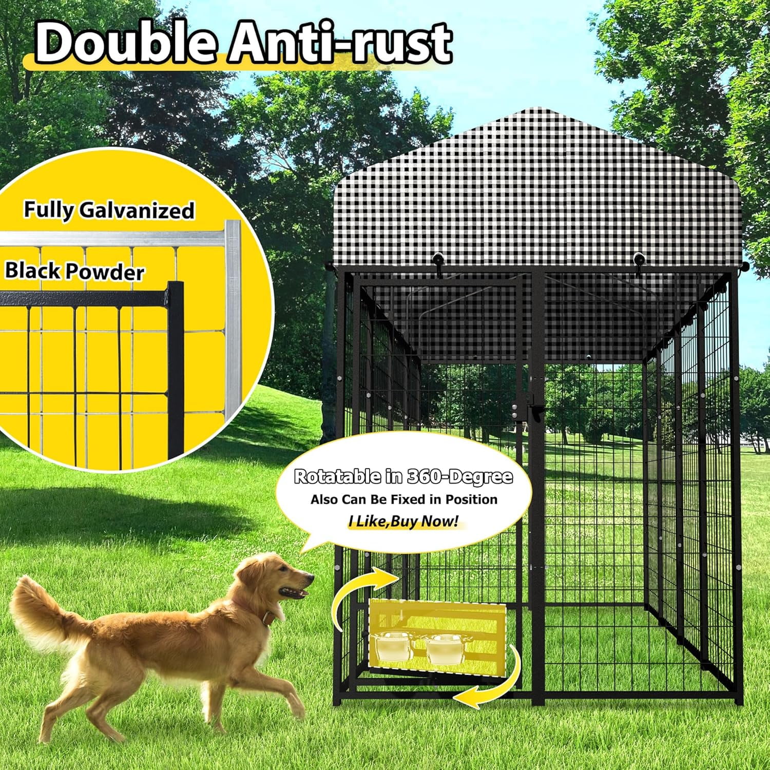 8‘x4’x6‘ Upgraded Large Dog Kennel Outdside with Bowls, Sturdy Outdoor Dog Playpen Dog Exercise House Dog Enclosure Run Pet Fence Coop with Lockable Feeding Doors and Roof, for Small and Large Dogs