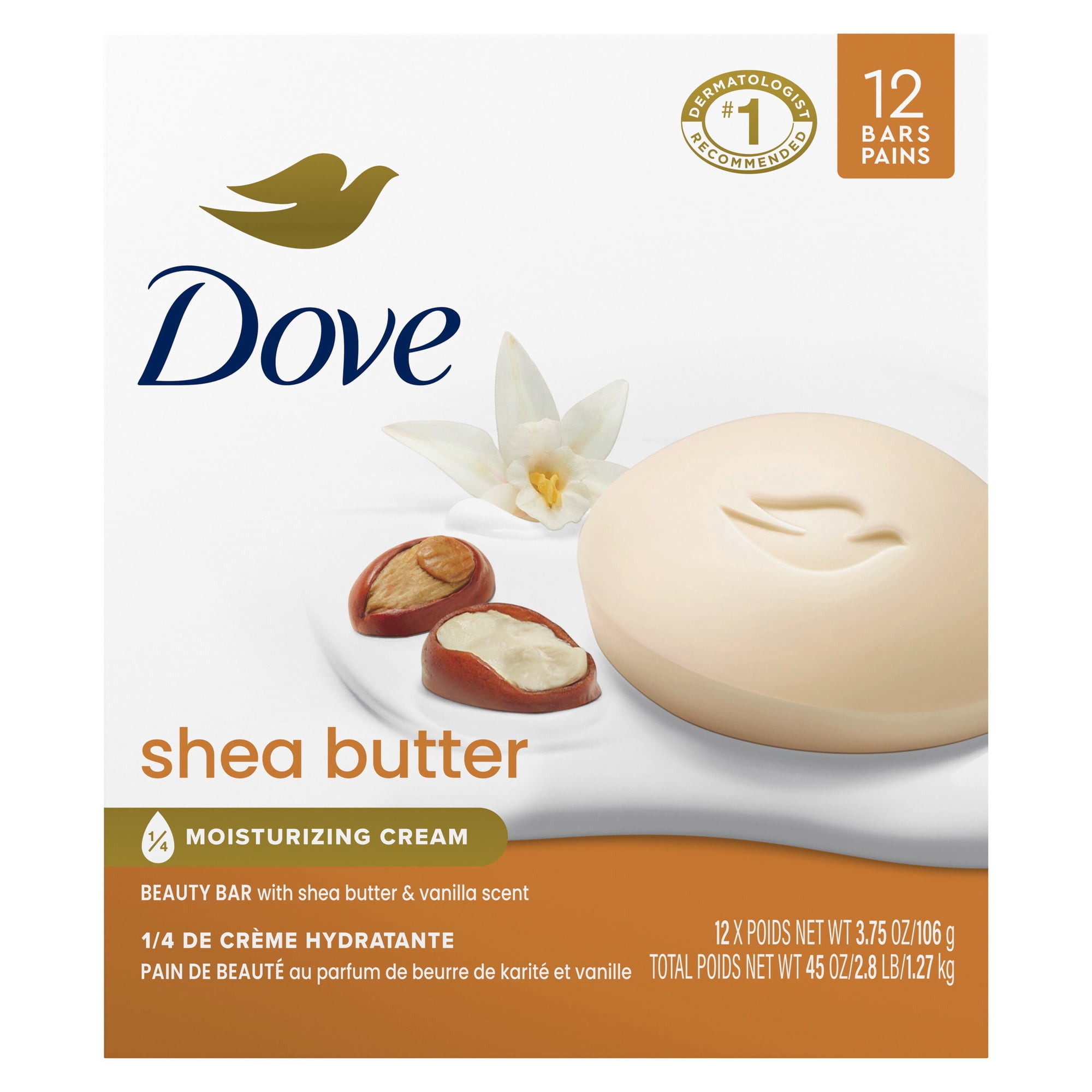Dove Beauty Bar Soap For Nourished, Radiant Skin, Shea Butter, Enriches Skin, 3.75 oz 12 Bars