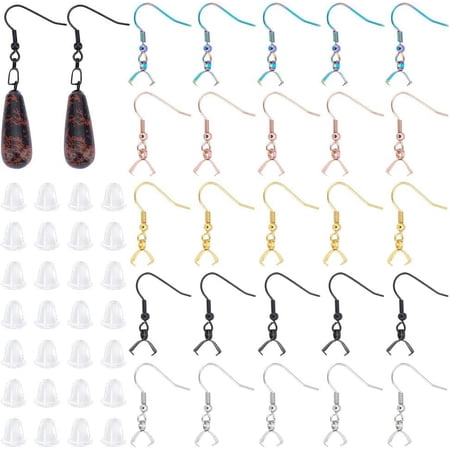 50Pcs 5 Colors 304 Stainless Steel Earring Hooks with Pendant Pinch Bails Hypoallergenic Ear Wire Fish Hooks with 50Pcs Plastic Ear Nuts