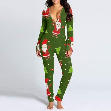 

Jumpsuits For Women Button Back Flap Jumpsuit V Neck Long Sleeve Romper Pajamas Christmas Print Collection Sleepwear