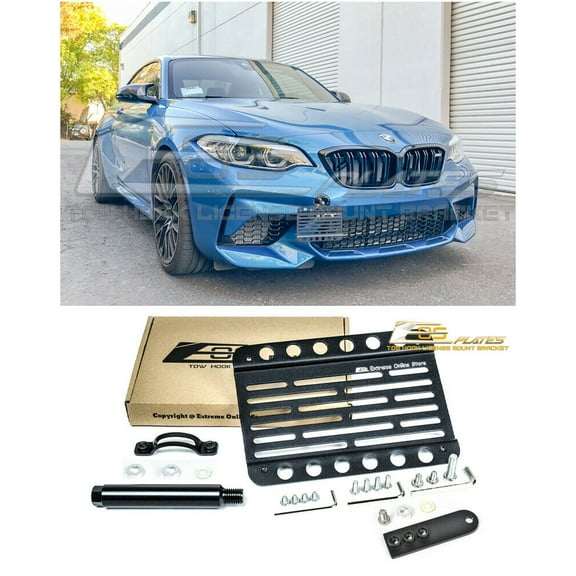Extreme Online Store Replacement For 2016-2021 BMW M2 With PDC | EOS Plate Version 1 Mid Size Front Bumper Tow Hook License Relocator Mount With Lowering Bracket Tow-515-L