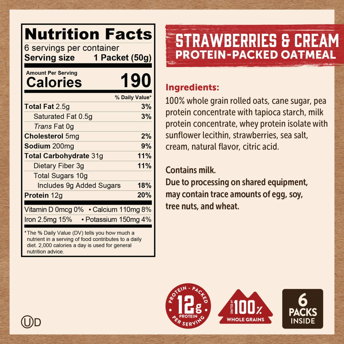 (3 pack) Kodiak Protein-Packed Strawberries and Cream Instant Oatmeal Packets, 1.76 oz (6 Count)