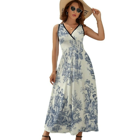 Powder Blue French Toile Picnic Designs Dress Fashion Boho Beach Long Dresses Female Party Printed Maxi Dress